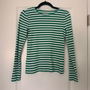 Boden Green and White Striped Long Sleeve Top